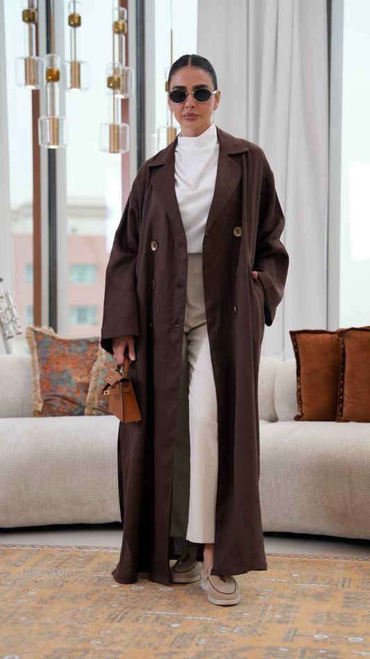 Free size linen trench coat in brown. C:401