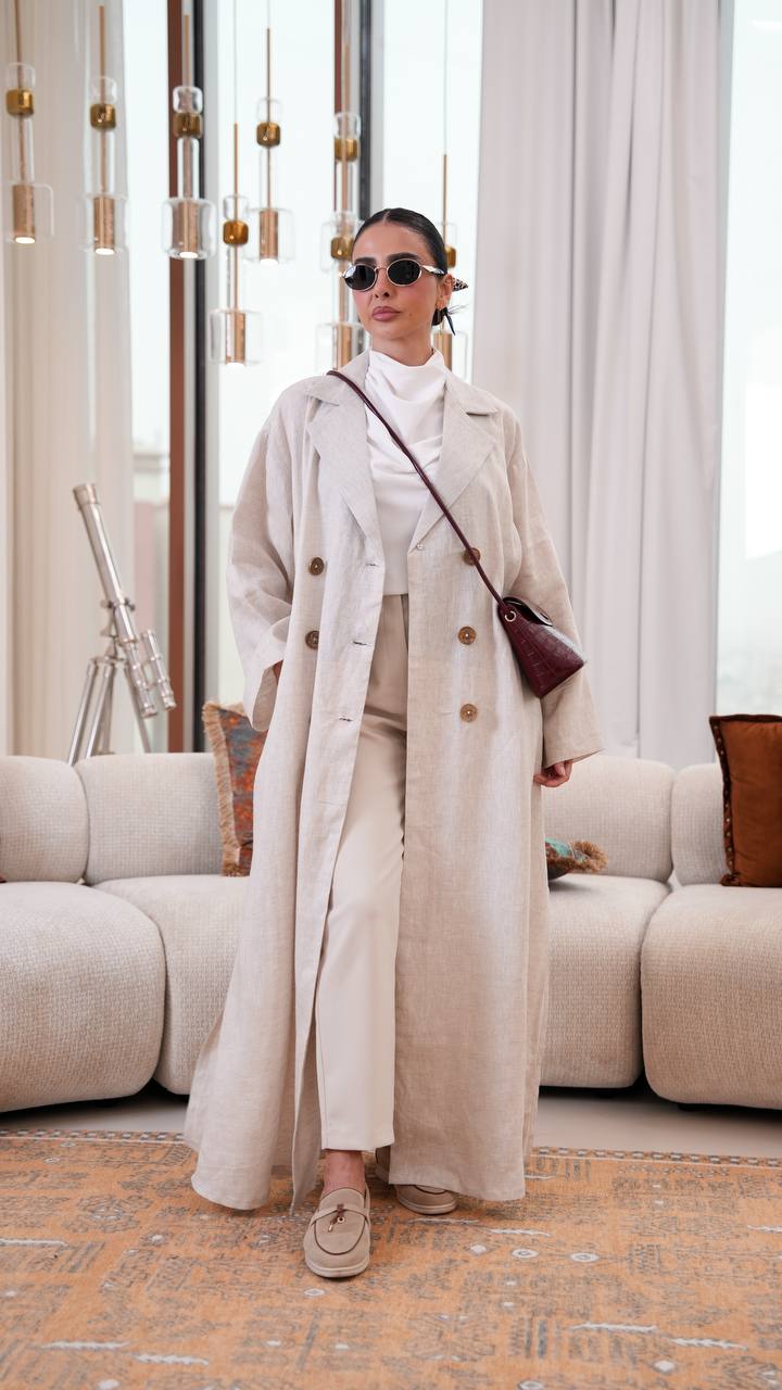 Trench coat, free size, linen, beige color.C:401