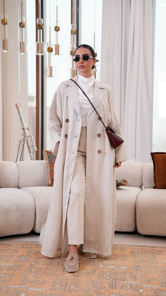 Trench coat, free size, linen, beige color.C:401