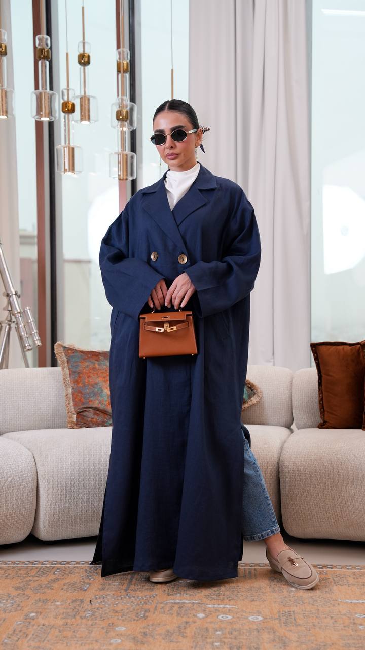 Free size linen trench coat in navy blue. C:401