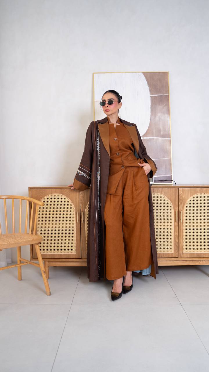 Linen abaya in brown with embroidery.C:404