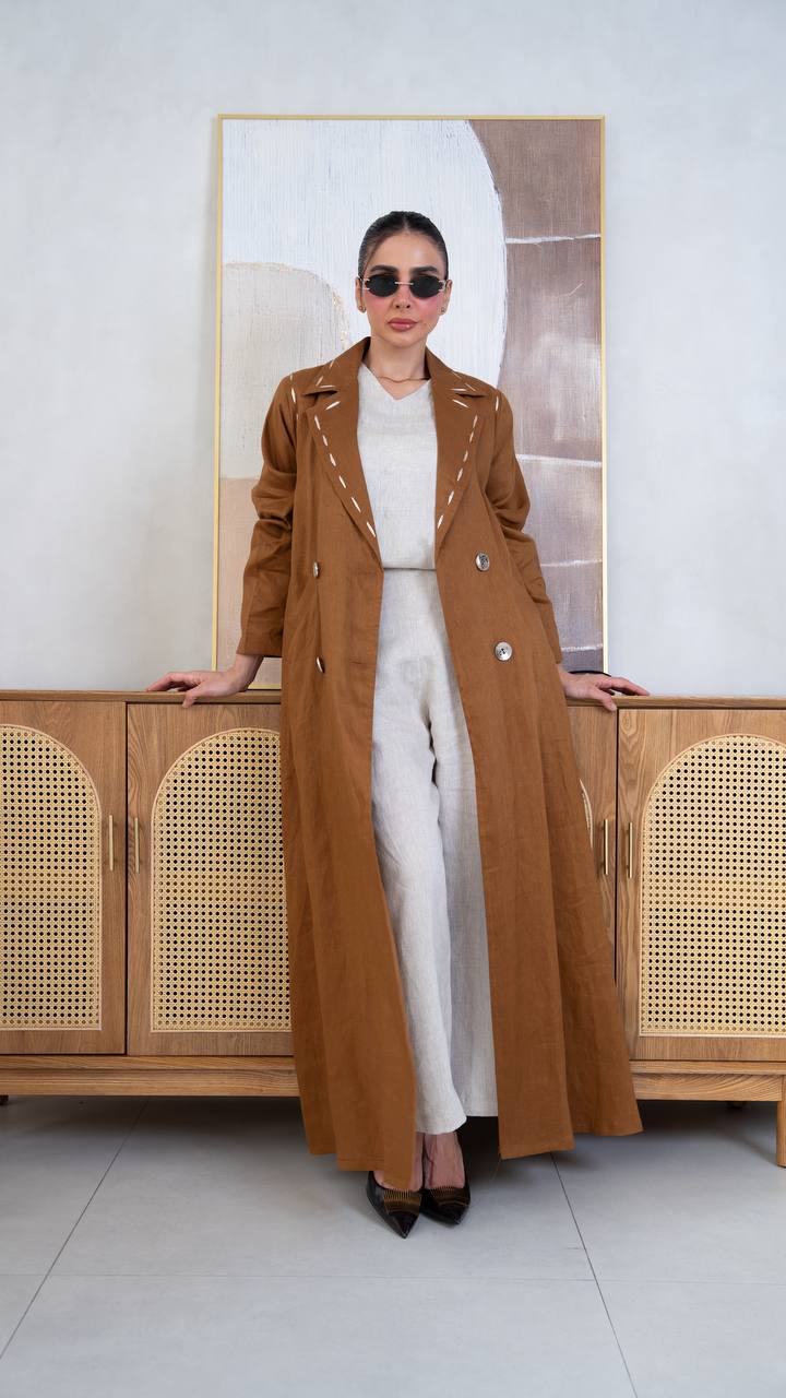 Camel-colored linen blazer abaya with embroidery.C:403