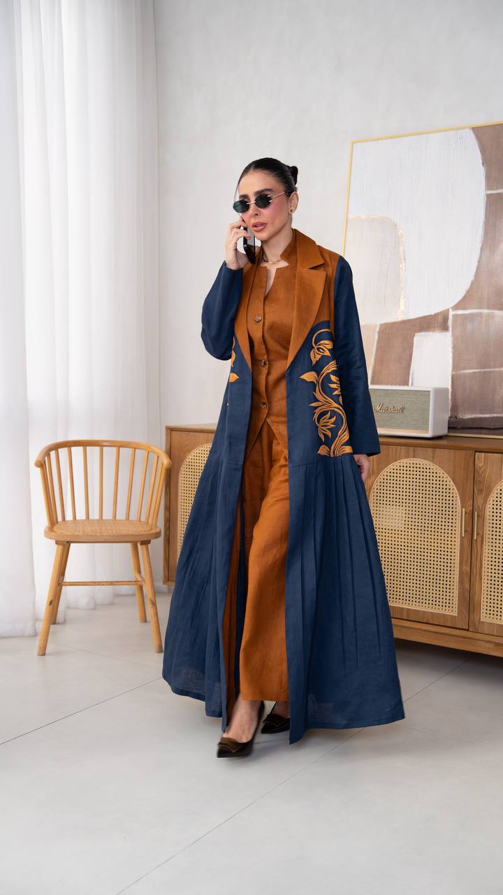 Linen abaya in navy blue with embroidery. C:405