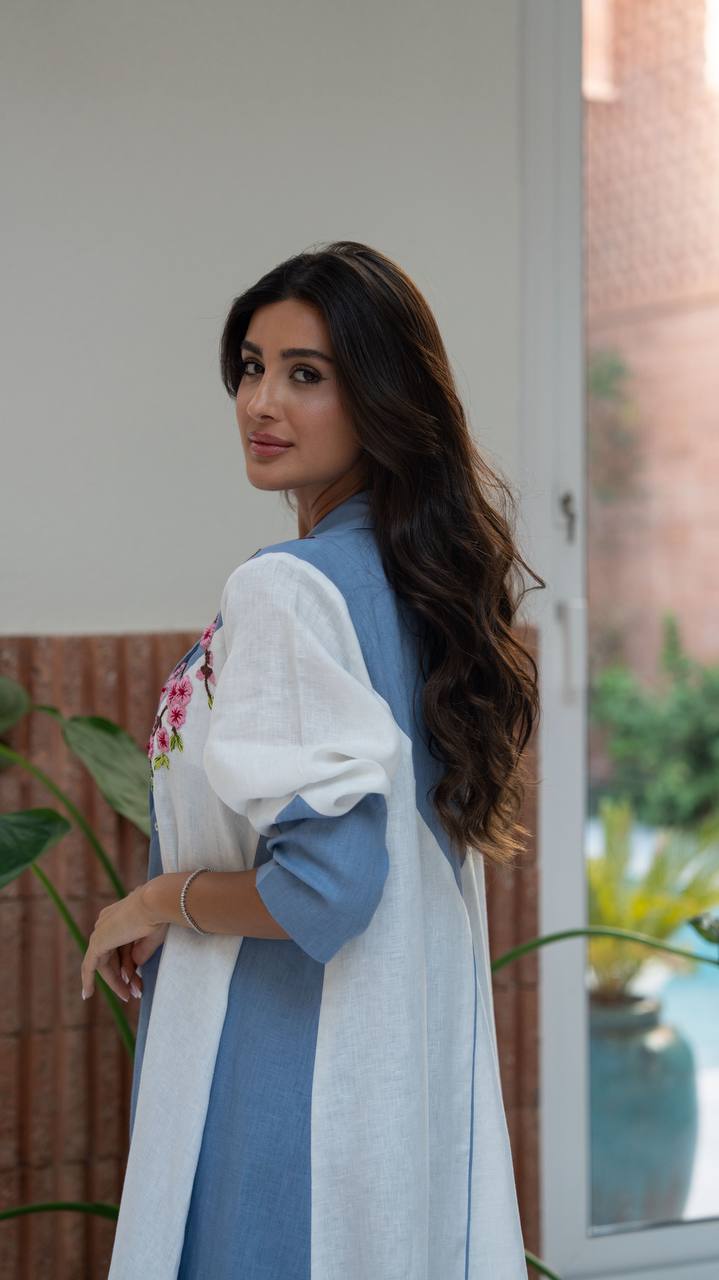 Blue and white linen blazer abaya with embroidery. C:407