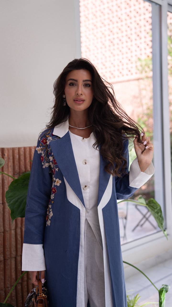 Blue linen blazer abaya with embroidery.C:409