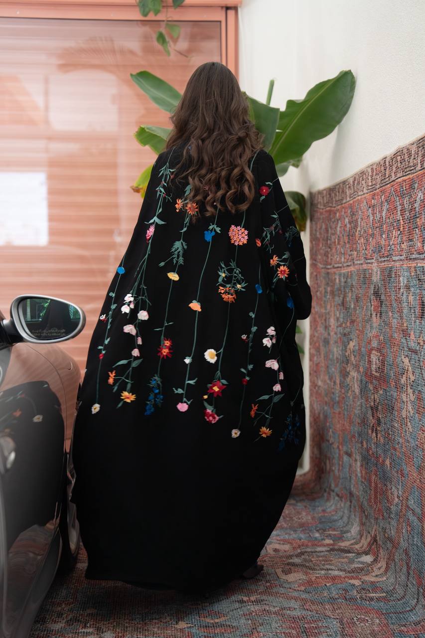 Black linen abaya bisht with embroidery.C:419