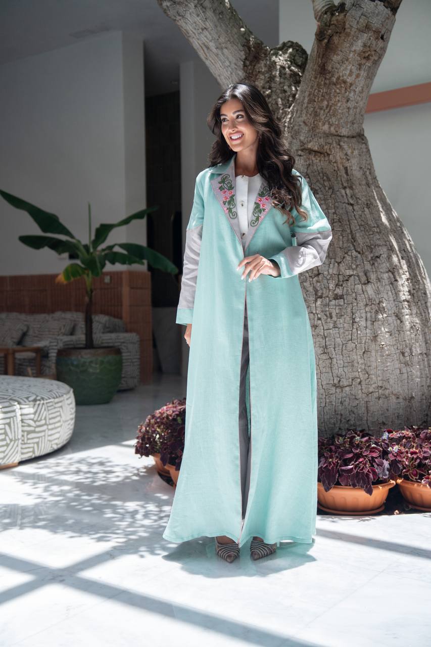 Turquoise linen blazer abaya with embroidery.C:420