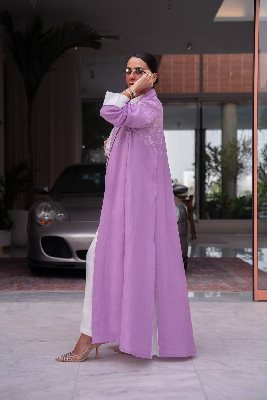Purple linen blazer abaya with embroidery.C:412