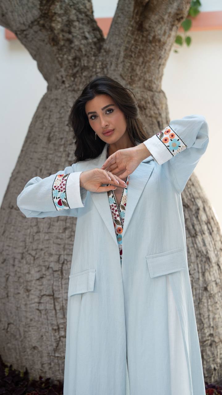 Blue linen blazer abaya with embroidery.C:410