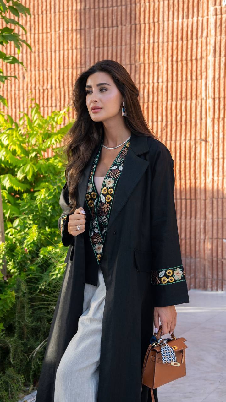 Black linen blazer abaya with embroidery.C:410