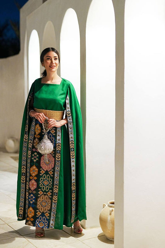 ‏Green linen Daraa with embroidery  C:IB295 Green