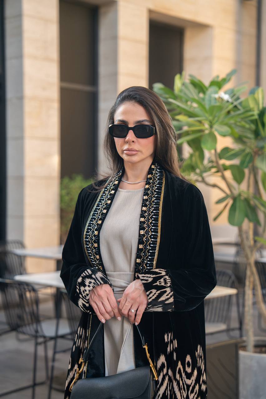 Black velvet abaya with hand embroidery. C:IB359