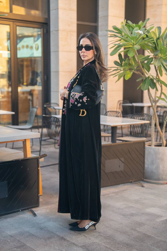 Black velvet abaya with hand embroidery. C:IB360