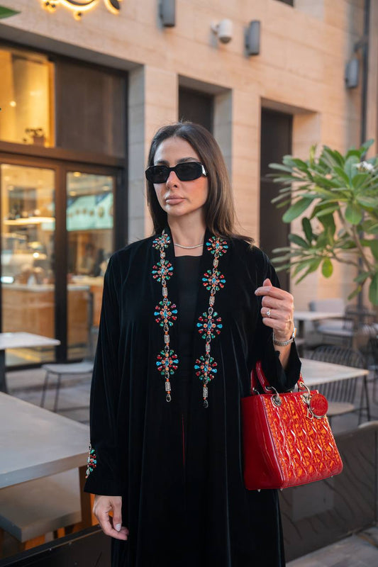Black velvet abaya with hand embroidery. C:IB361