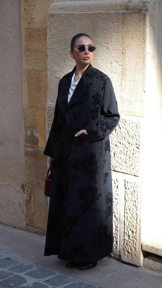Black crepe abaya with velvet embroidery . C:IB366