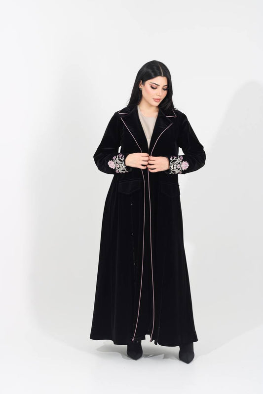 Black velvet blazer abaya with embroidery. C:IB371
