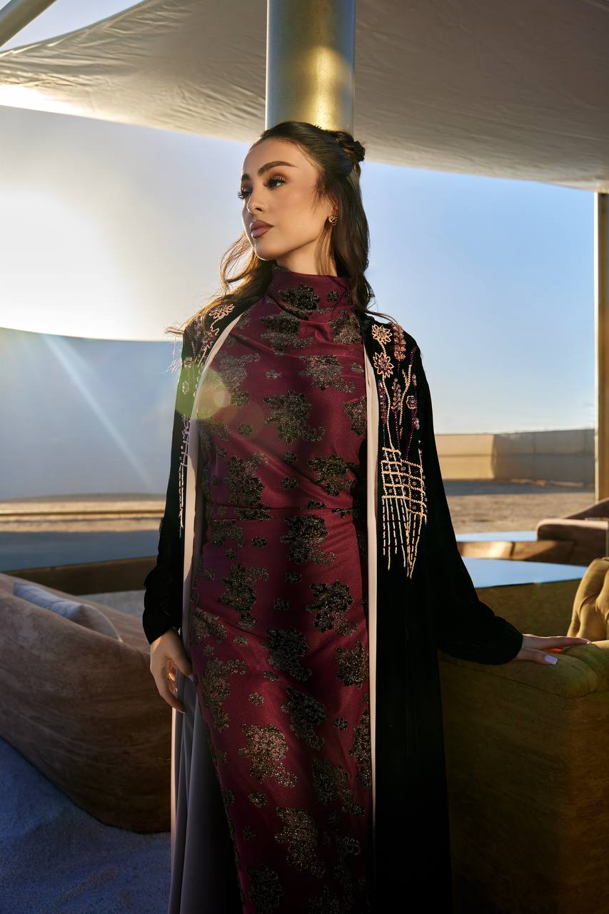 Abaya with dress, black velvet with hand embroidery.C:372