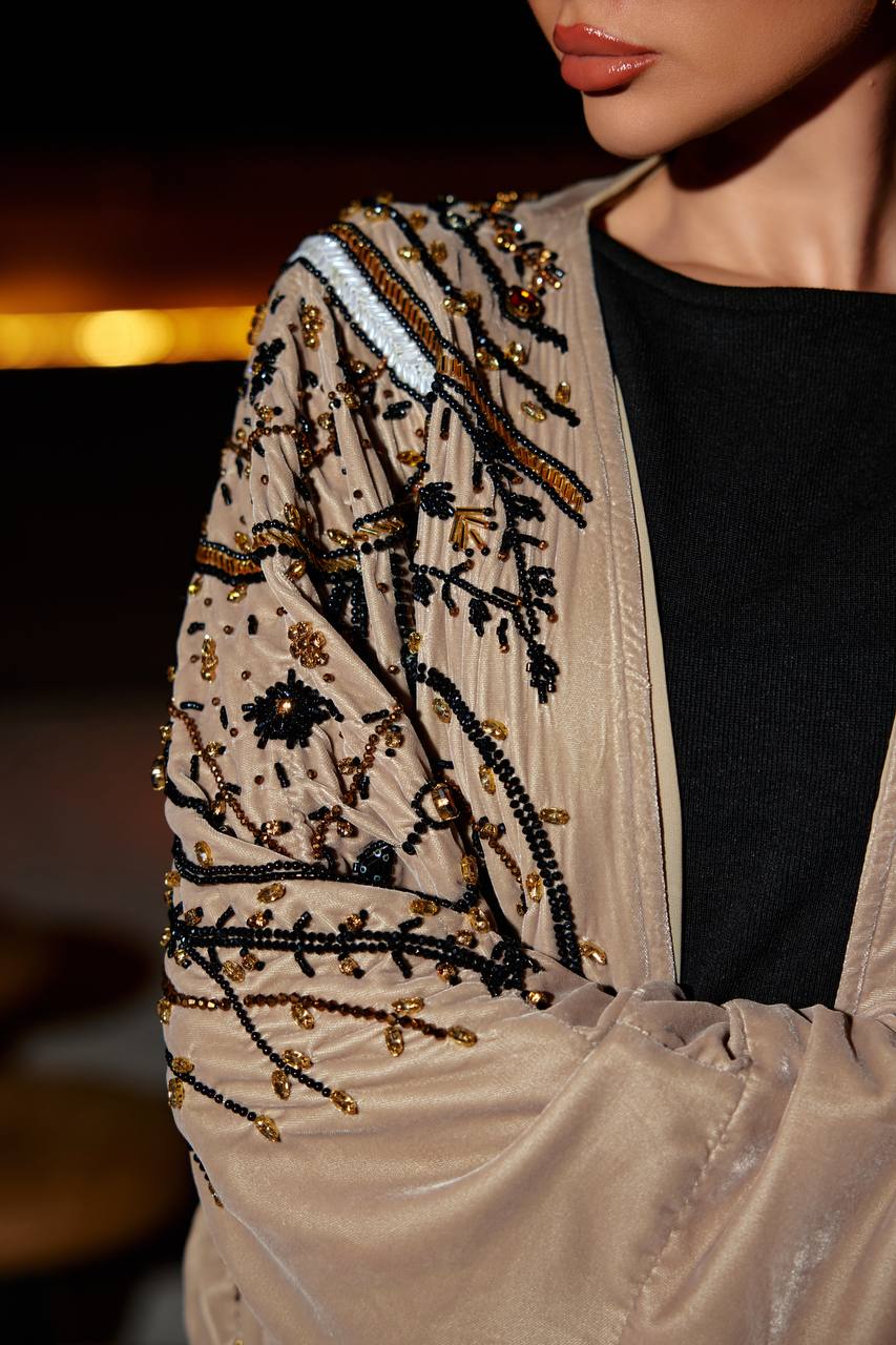 Bisht and dress set, light brown velvet with hand-beading. C:376