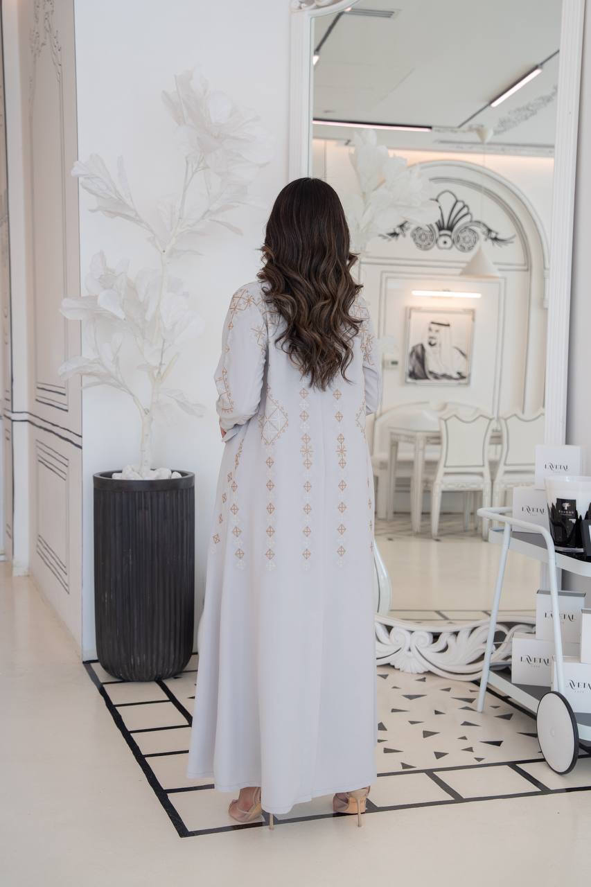 Crepe blazer abaya with beige embroidery. C:382