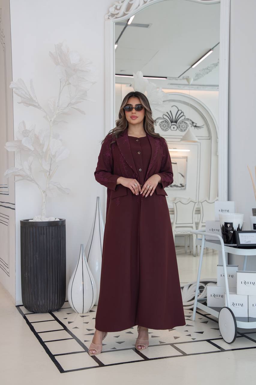 Burgundy crepe blazer abaya with embroidery.C:383
