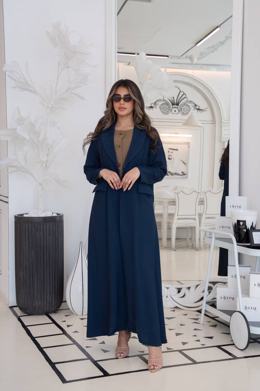 Navy blue crepe blazer abaya with embroidery. C:383 navy