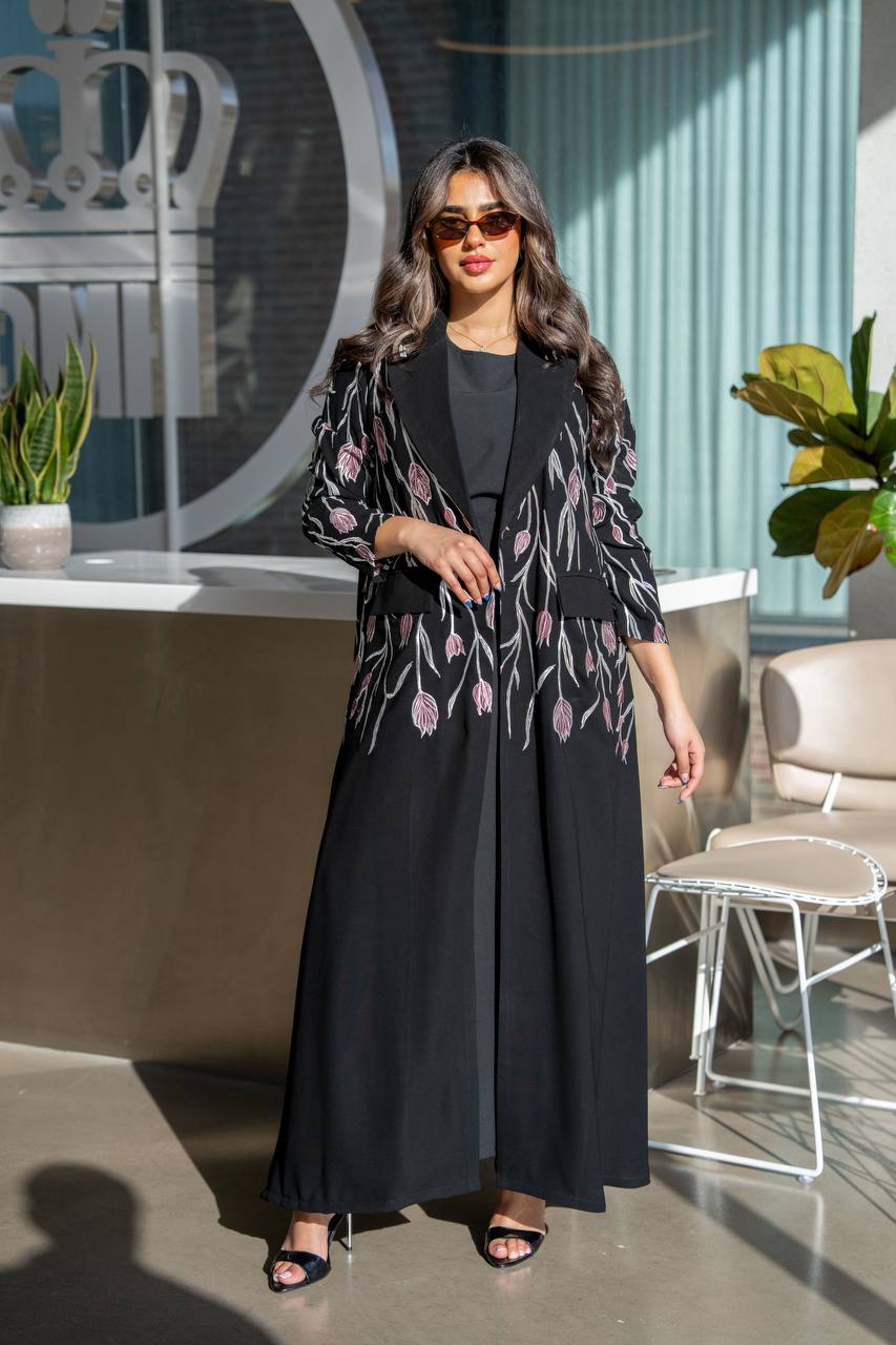 Black crepe blazer abaya with embroidery.C:385