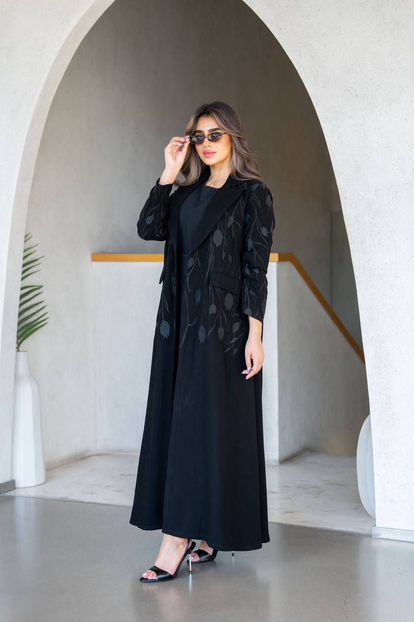 Black blazer abaya with embroidery. C:385