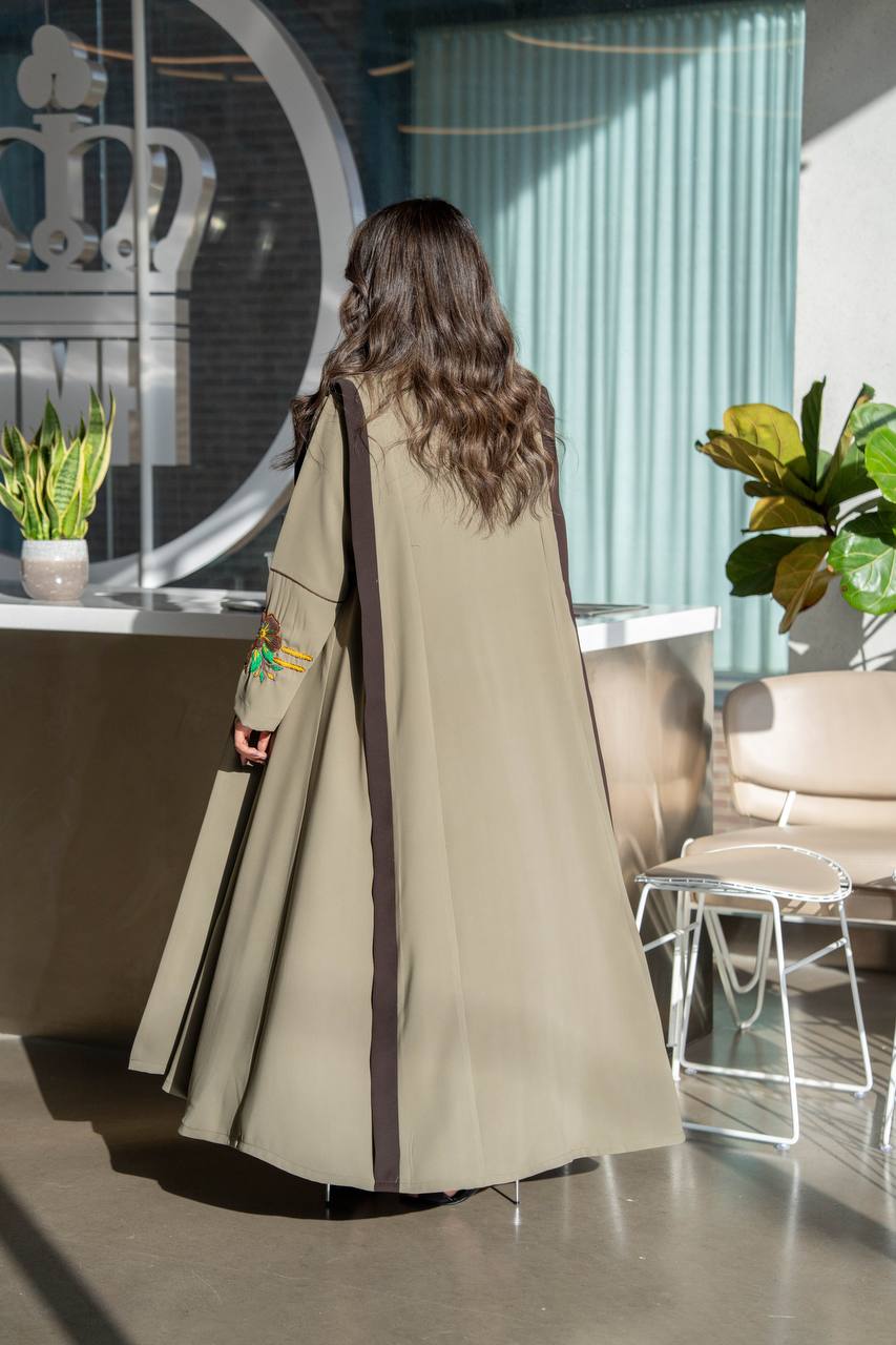 Olive green crepe abaya with hand-stitched details. C:386