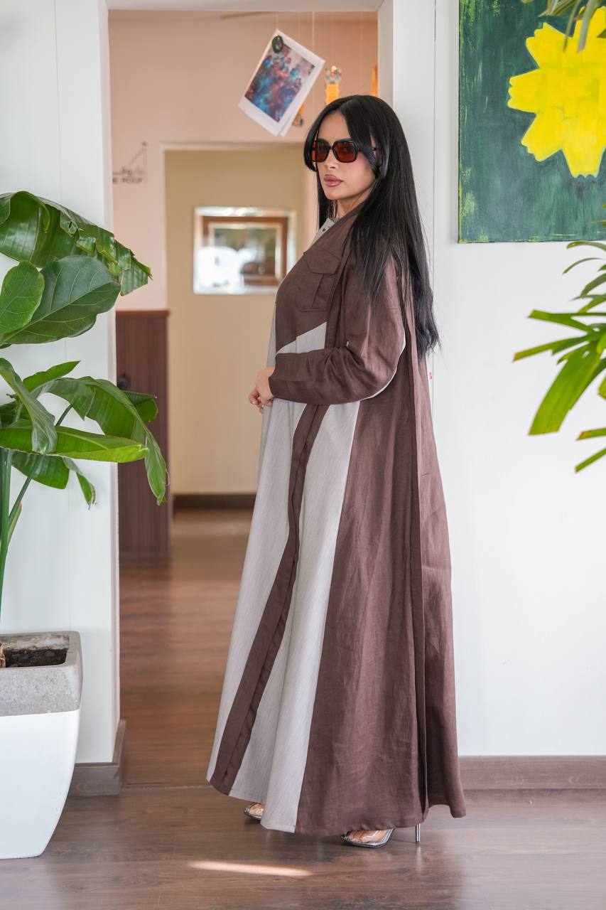 Linen abaya with crepe in brown and beige .C:390