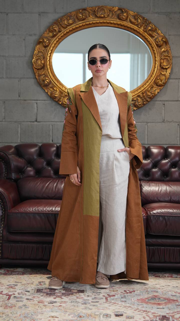 Camel-colored linen blazer abaya with hand-stitched details. C:396