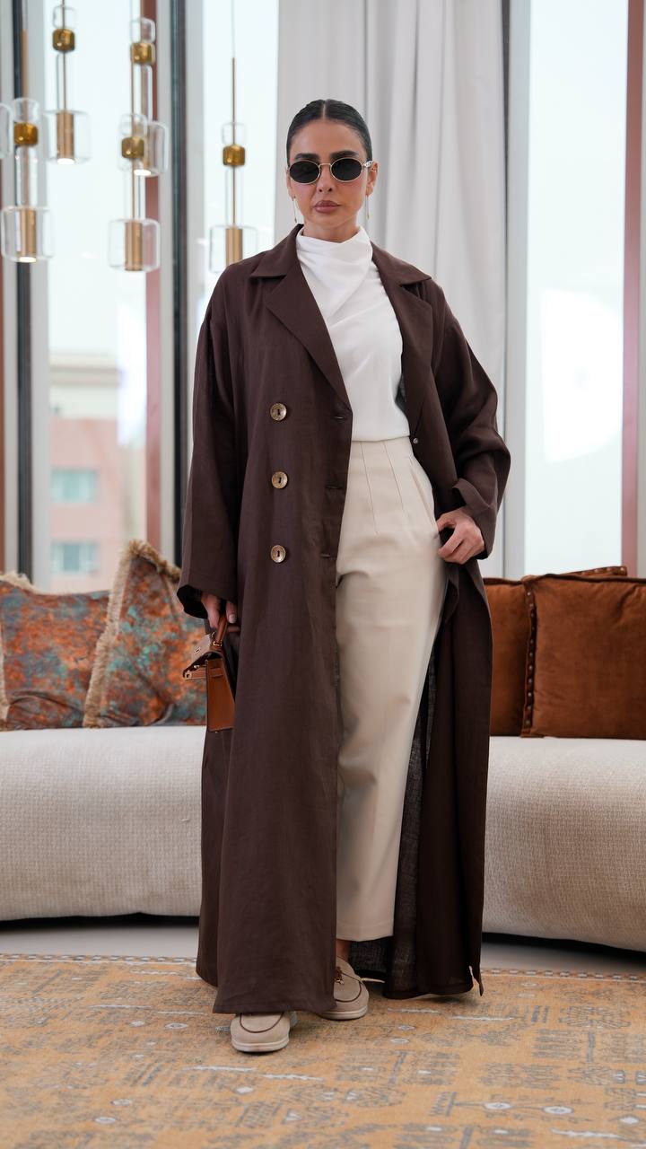 Free size linen trench coat in brown. C:401
