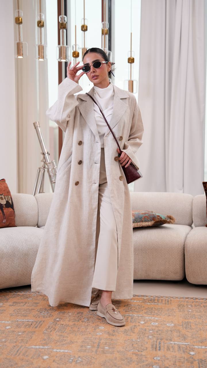 Trench coat, free size, linen, beige color.C:401