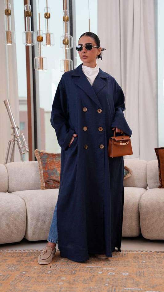 Free size linen trench coat in navy blue. C:401