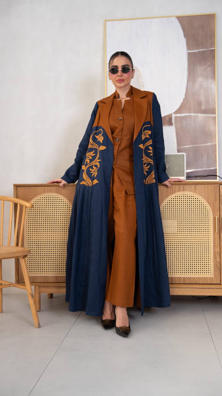 Linen abaya in navy blue with embroidery. C:405