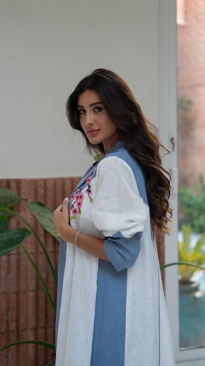 Blue and white linen blazer abaya with embroidery. C:407