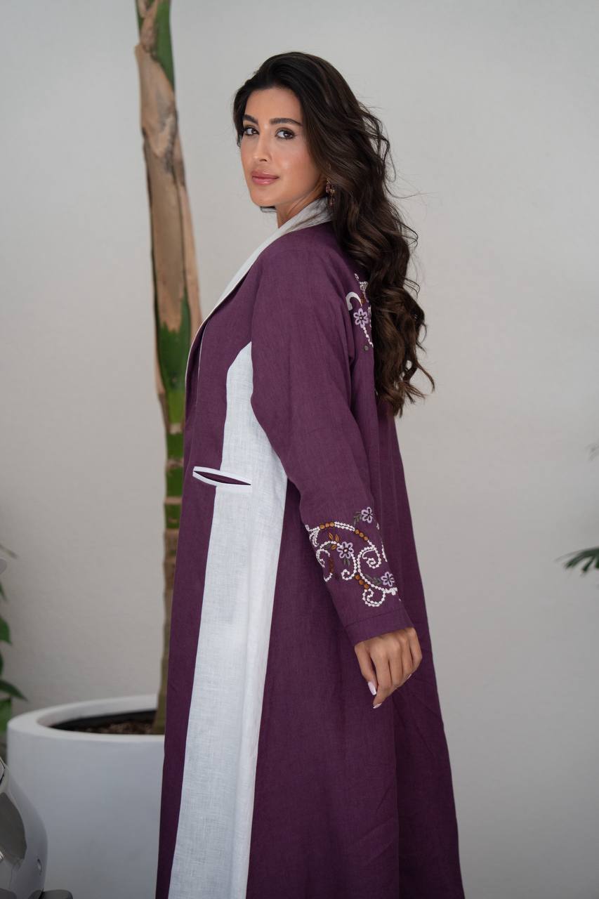 Purple linen blazer abaya with embroidery.C:421