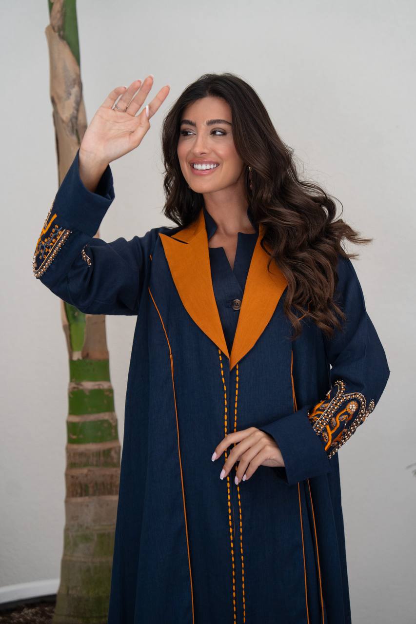 Navy blue linen blazer abaya with hand-stitched details.C:422