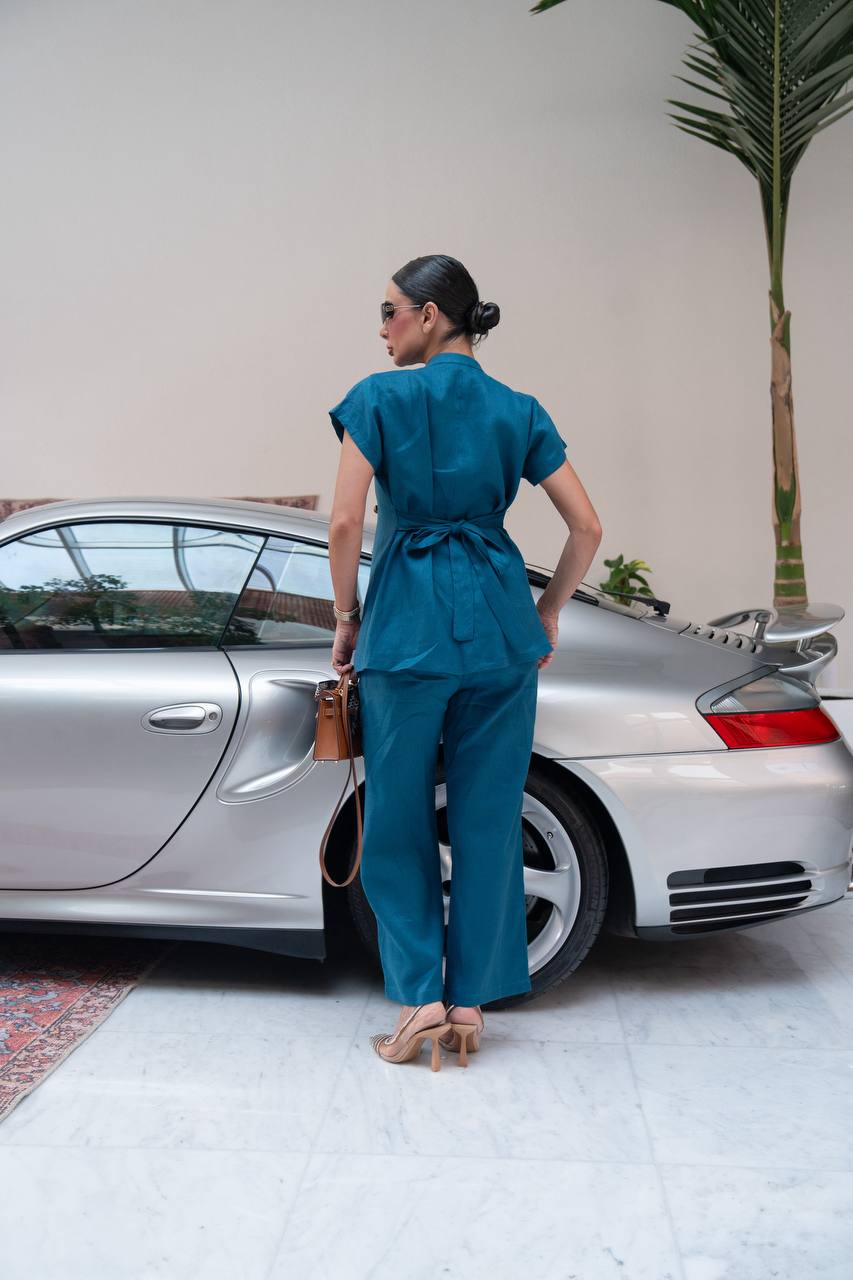 Vest and trousers set, linen in turquoise.C:1111