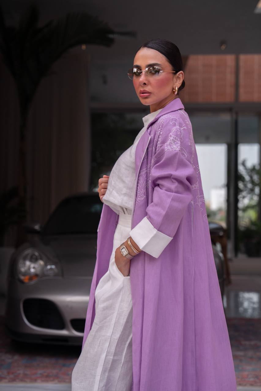 Purple linen blazer abaya with embroidery.C:412