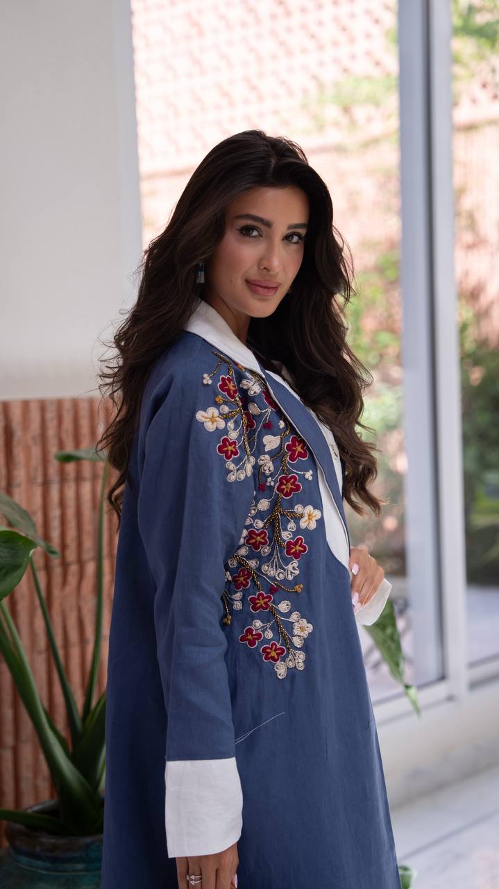 Blue linen blazer abaya with embroidery.C:409