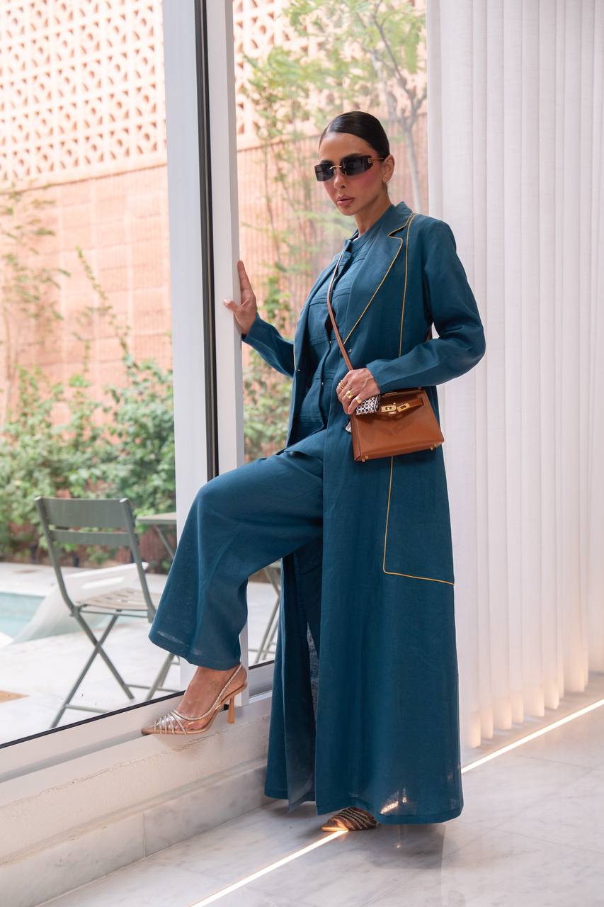 Turquoise linen abaya. C:424