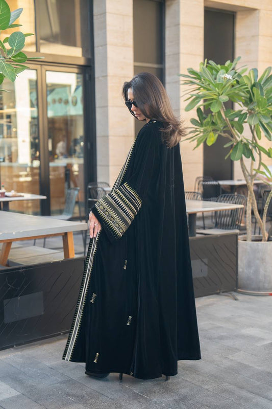Black velvet abaya with embroidery. C:IB358