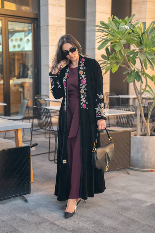 Black velvet abaya with hand embroidery. C:IB360