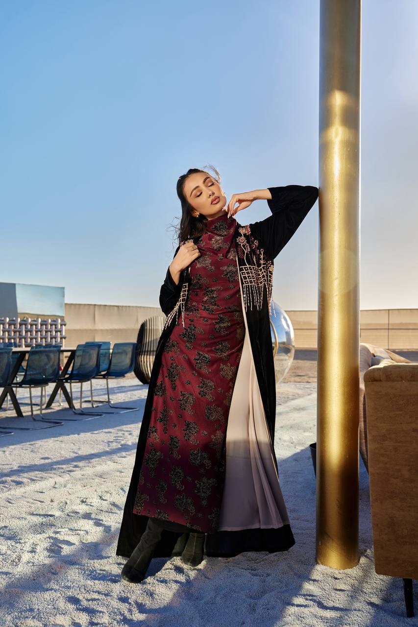 Abaya with dress, black velvet with hand embroidery.C:372