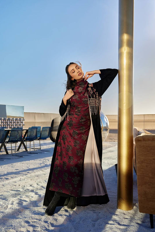 Abaya with dress, black velvet with hand embroidery.C:372