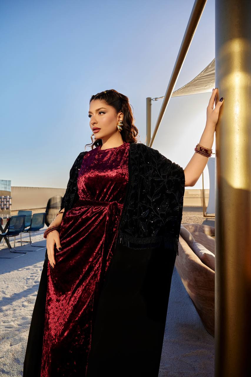 Bisht and dress set, velvet with hand-beading. C:378 Black