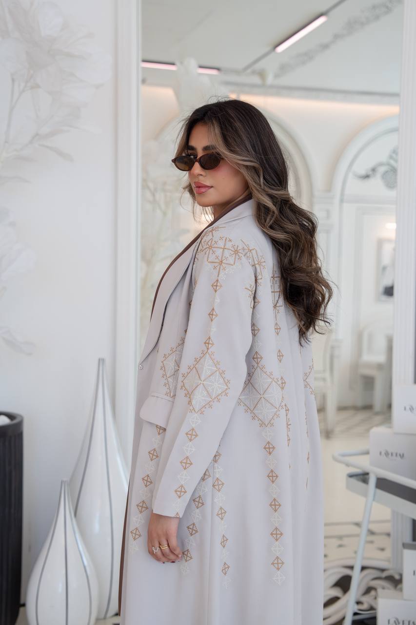 Crepe blazer abaya with beige embroidery. C:382