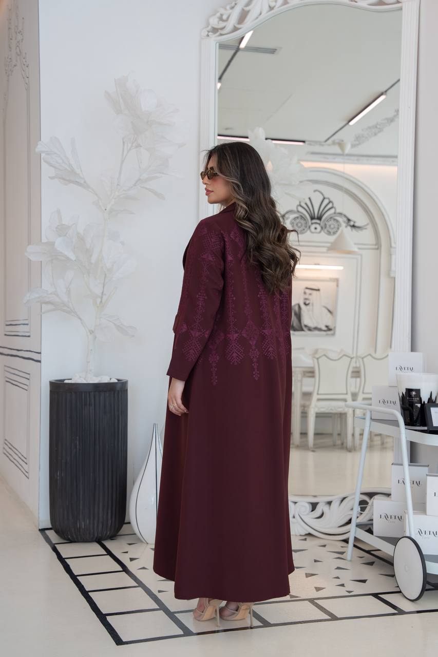 Burgundy crepe blazer abaya with embroidery.C:383