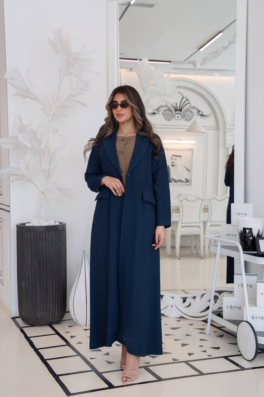 Navy blue crepe blazer abaya with embroidery. C:383 navy