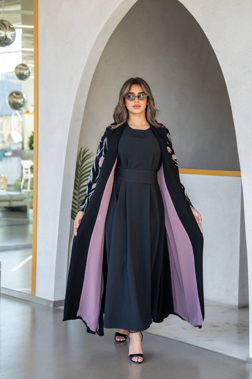 Black crepe blazer abaya with embroidery.C:385